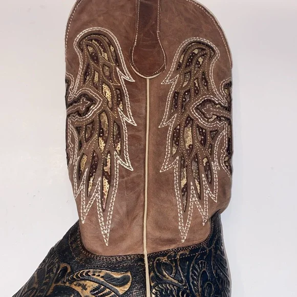 Women's Ferrini Western Hand Tooled Brown Leather Cross Wing Cowboy Boots Sz 7.5 - Picture 10 of 15